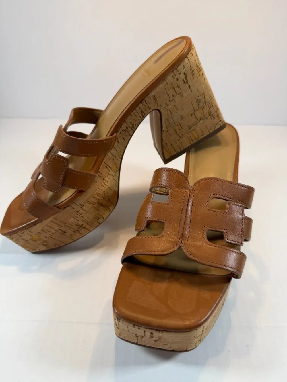 Sam Edelman Brown Platform Slide Sandals Cork Block Heel Women’s Size 10M